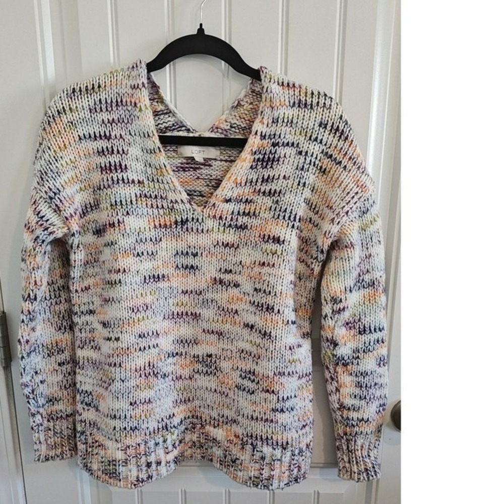 Women Size S Loft Boho Multi-Color Space Dye V-Neck Knit‎ Sweater Excellent